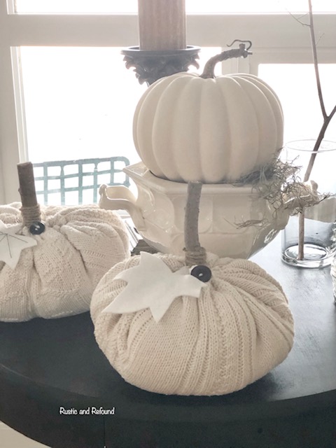 2 sweater pumpkins with twig stem and leaves