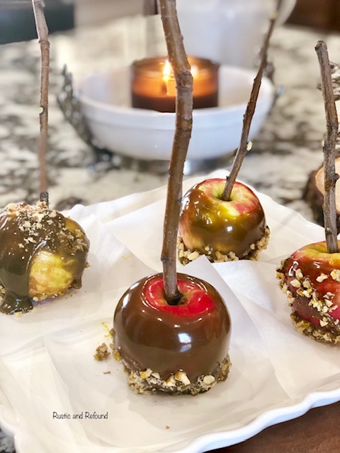 a top view of caramel dipped apples