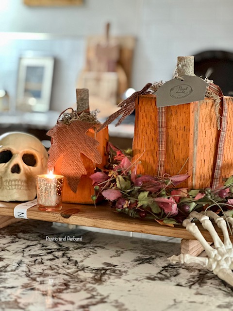 wood pumpkins set in Halloween theme with skeleton parts