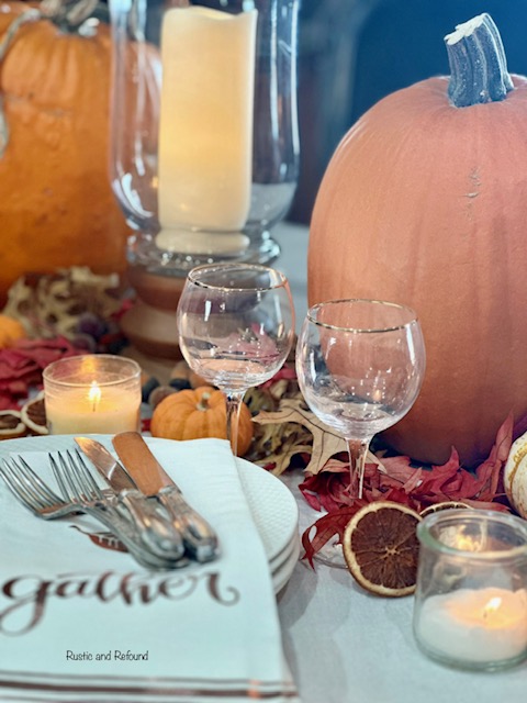 A Thanksgiving table with romantic inspiration with goblets 