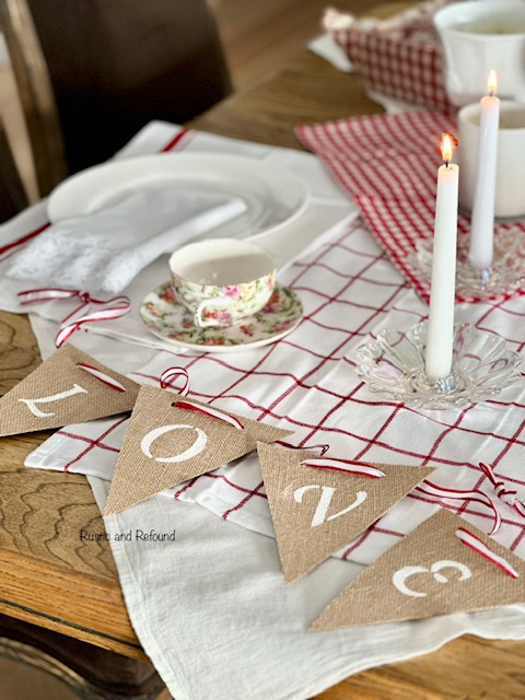 Burlap Love banner for Valentine's Day with red and white ribbon.2